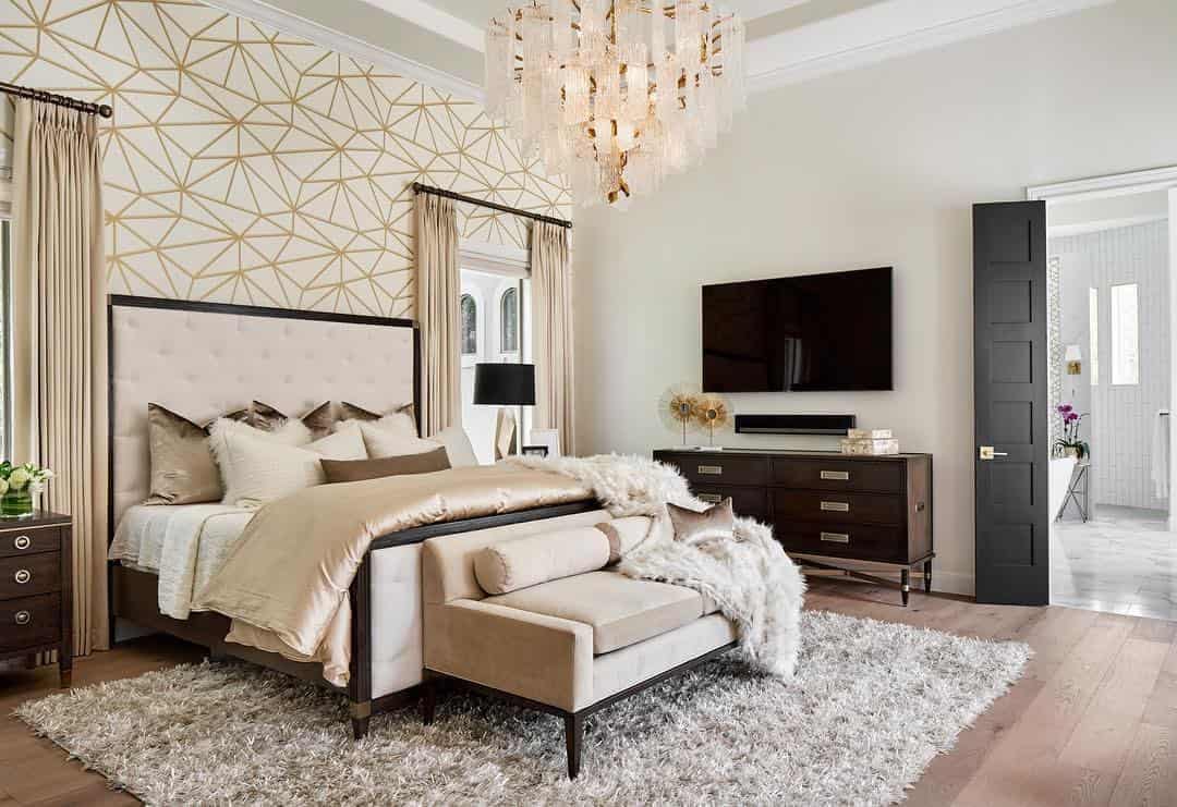 22. White, Taupe, and Gold Modern Luxe Bedroom - white and gold bedroom ideas