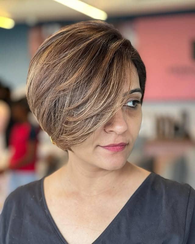 21. Caramel Brunette Side-Swept Long Pixie - Long Pixie Haircuts
