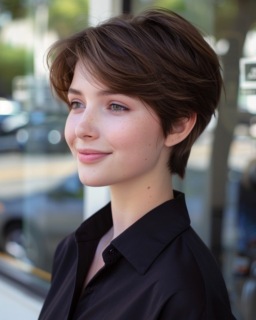 22. Soft Chestnut Feathered Long Pixie - Long Pixie Haircuts