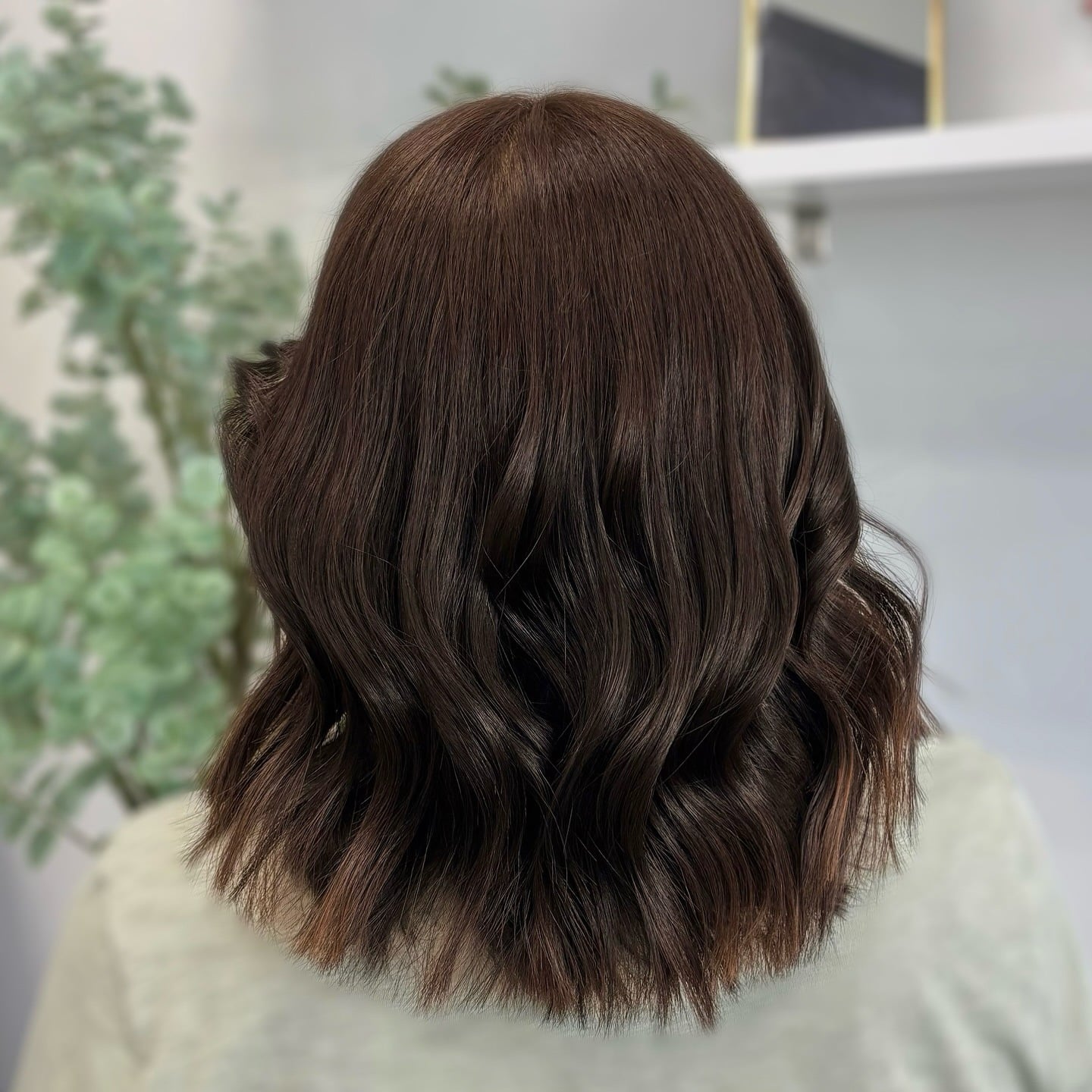4. Glossy Espresso Wavy Lob - Shoulder Length Lob