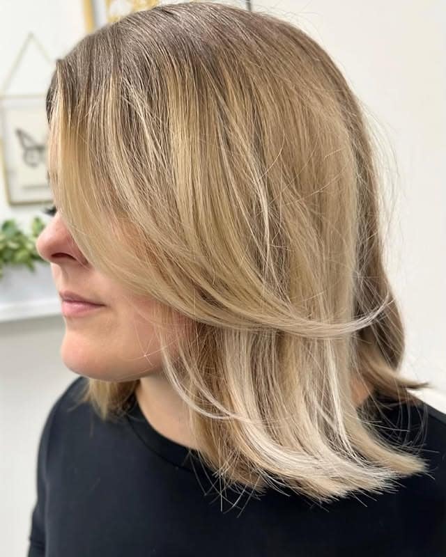 5. Layered Beige Blonde Lob - Shoulder Length Lob
