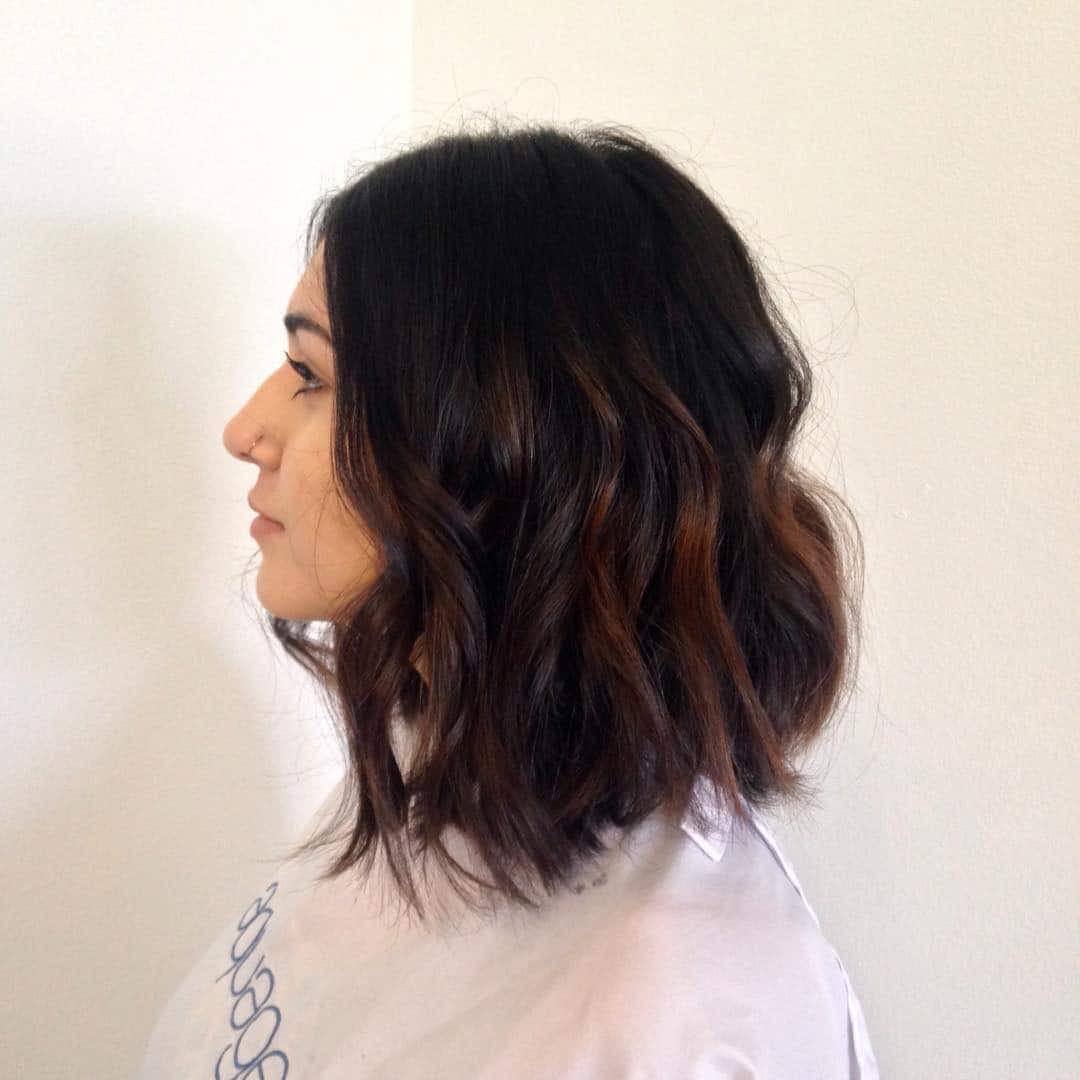 12. Dark Chocolate Lob with Auburn Ribbons - Shoulder Length Lob