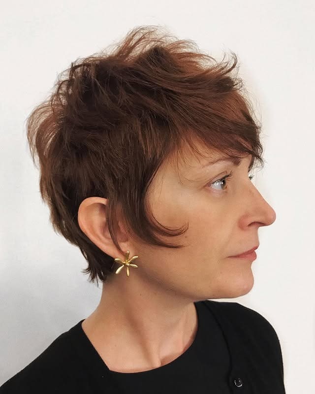 16. Tousled Wispy Pixie in Chestnut Brown - Short Layered Wispy Haircuts
