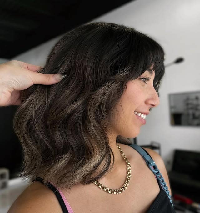 21. Soft Wavy Lob in Espresso Brown Balayage - Short Layered Wispy Haircuts