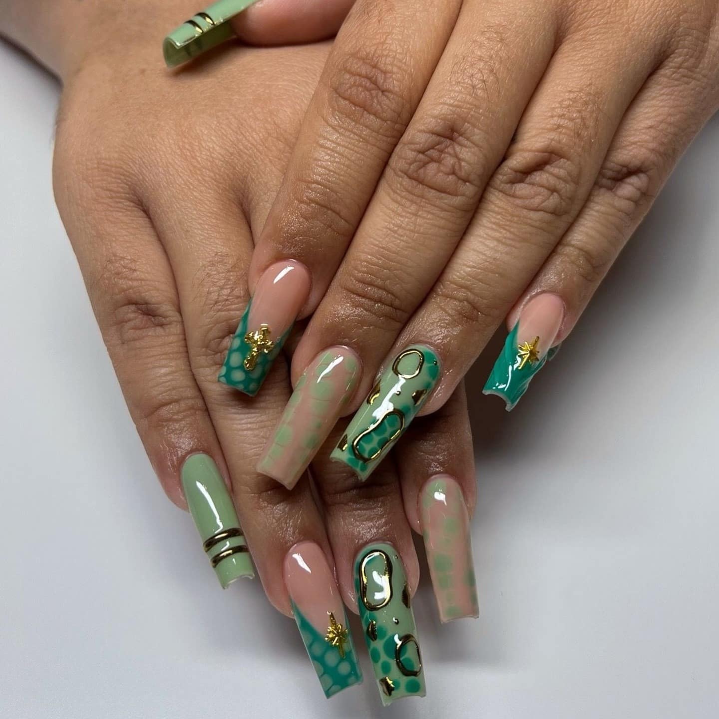 5. Mint and Teal Abstract Acrylic Nails - green nail ideas