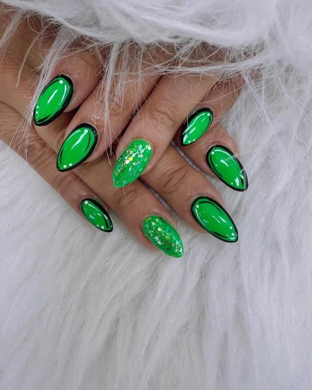 8. Neon Green Outline Nails with Glitter Accent - green nail ideas