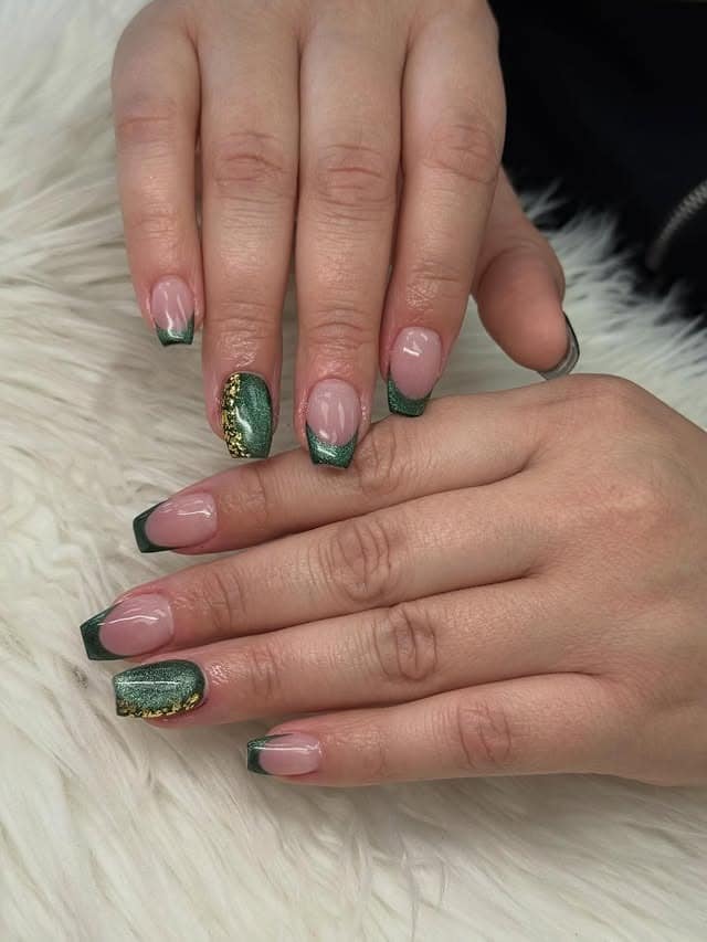 11. Emerald Green Glitter French Tip Nails - green nail ideas