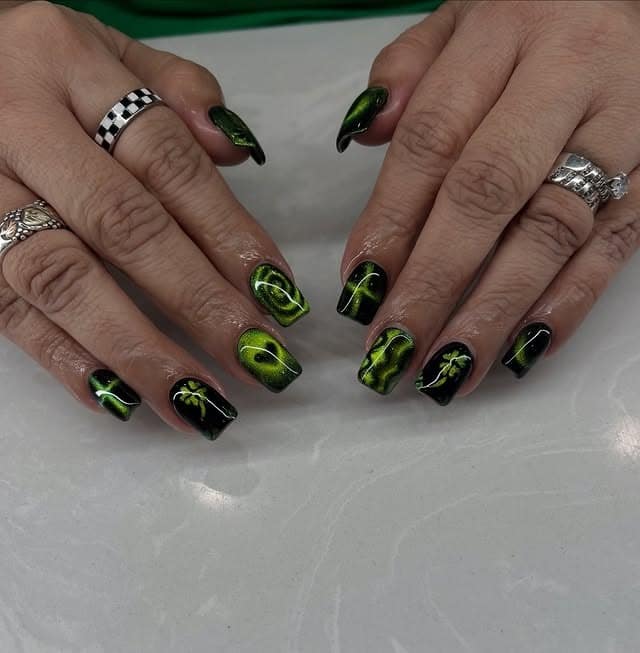 12. Black and Neon Green Aura Nails - green nail ideas