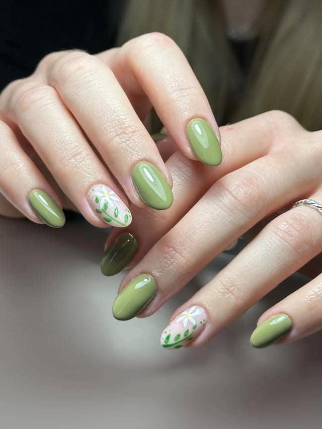 14. Sage Green Floral Almond Nails - green nail ideas