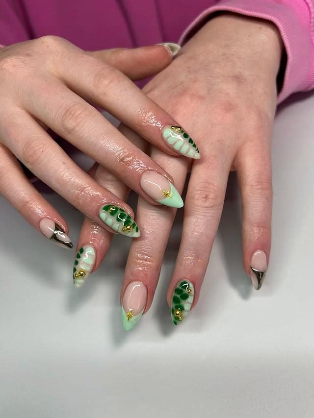 18. Mint Green Abstract Swirl Nails - green nail ideas