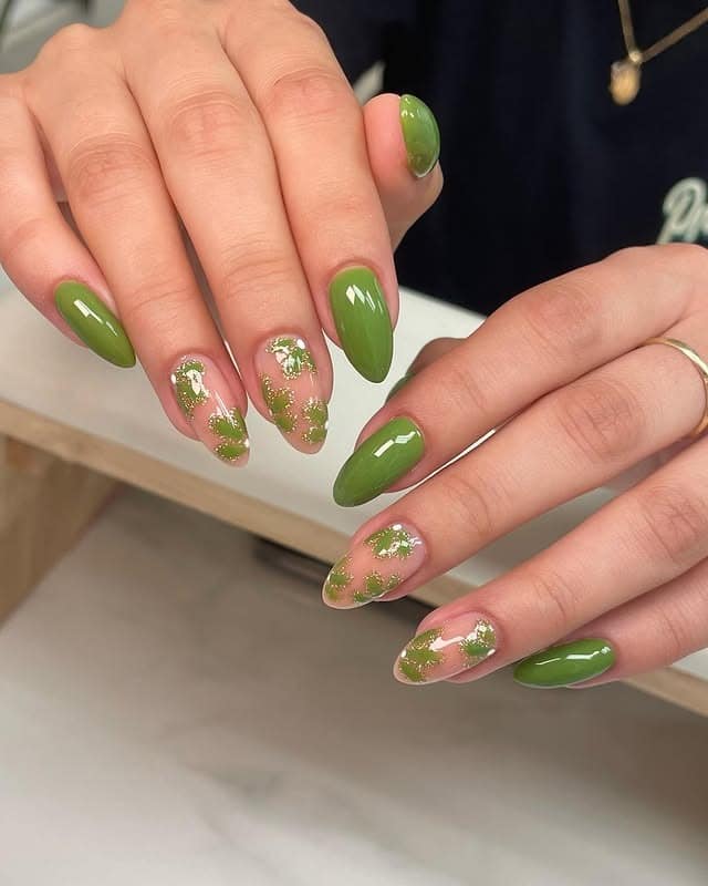 22. Olive Green Floral Glitter Almond Nails - green nail ideas