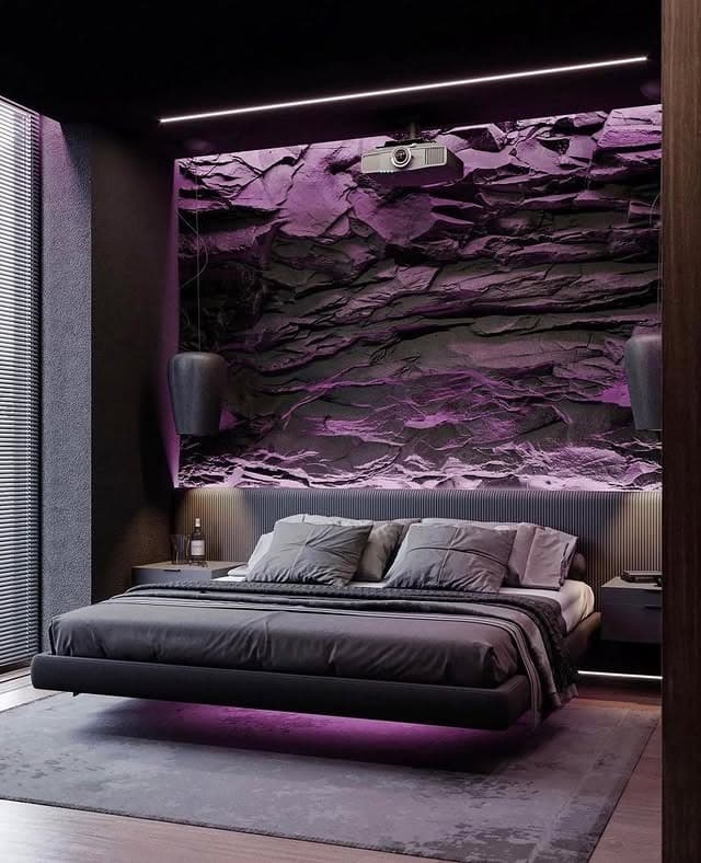 1. Moody Purple Stone Accent Bedroom - purple bedroom ideas