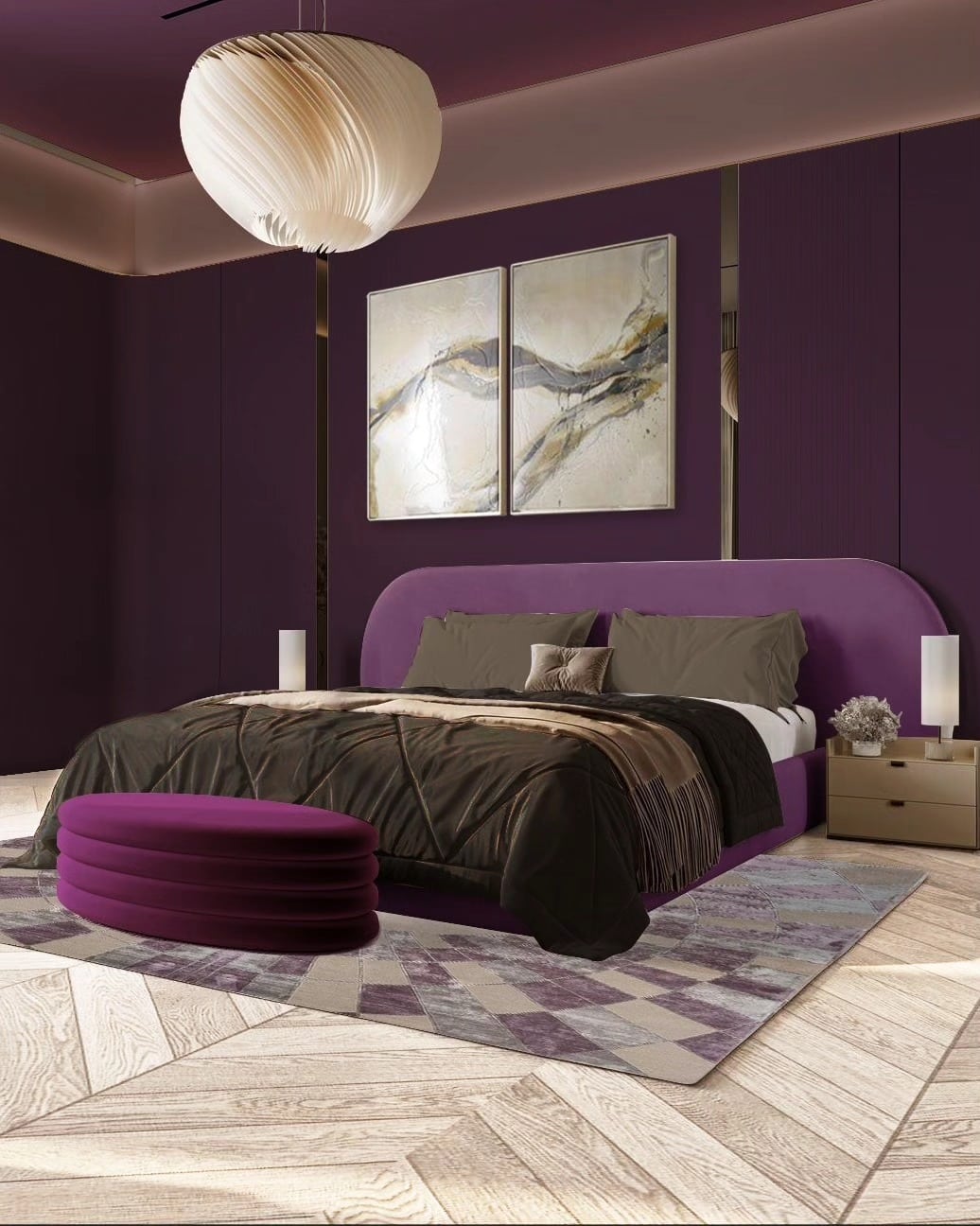 9. Modern Aubergine Bedroom With Curved Upholstery - purple bedroom ideas