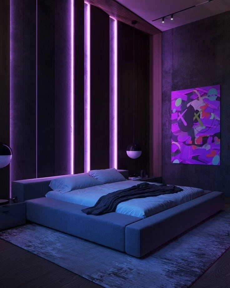 11. Neon Purple Futuristic Bedroom Design - purple bedroom ideas