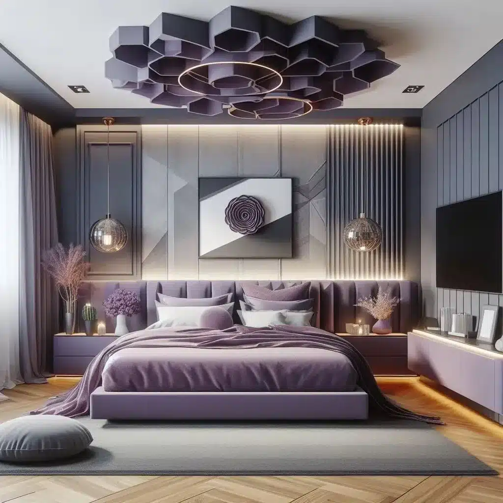 13. Lavender Gray Luxury Bedroom With Geometric Ceiling - purple bedroom ideas