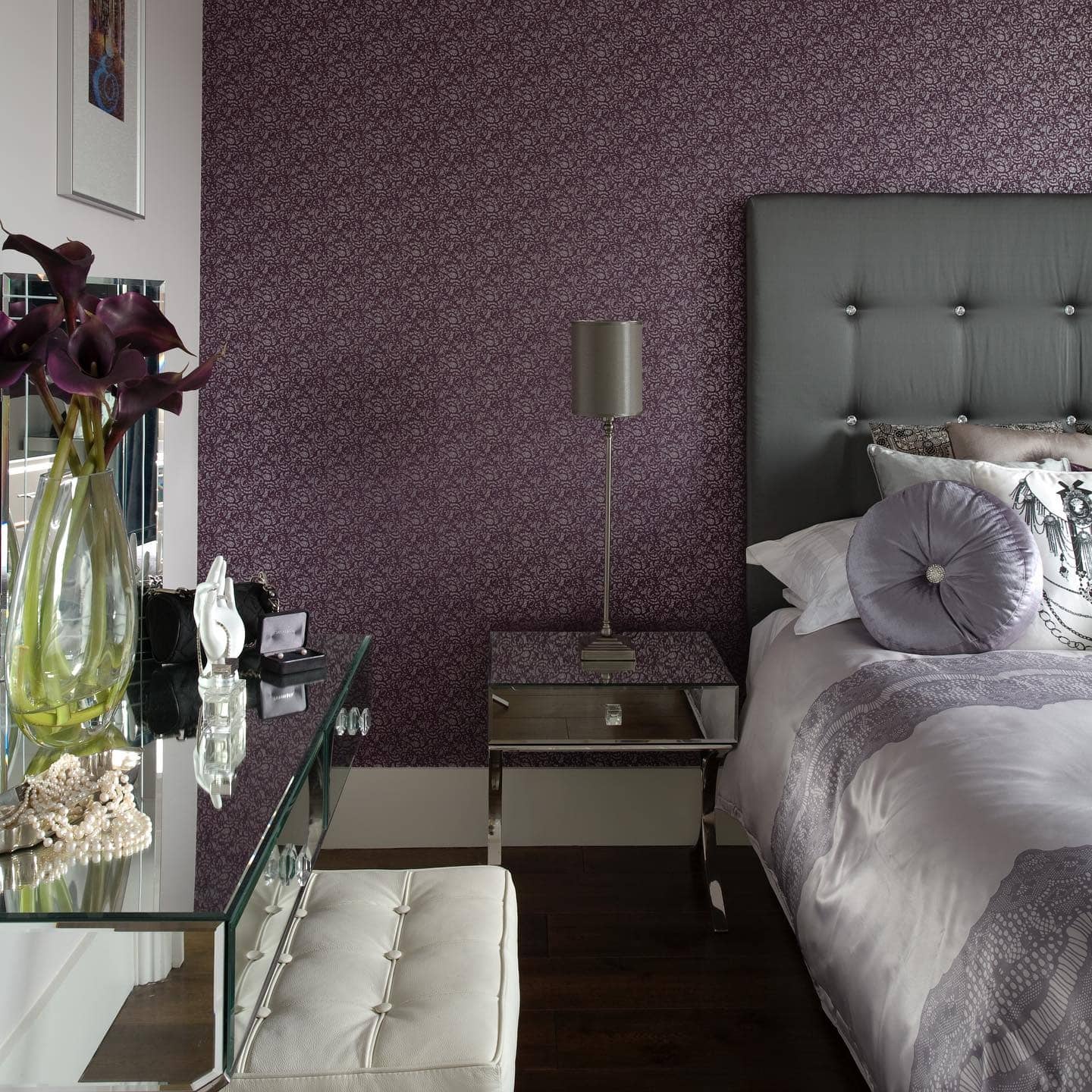16. Patterned Plum Accent Bedroom - purple bedroom ideas