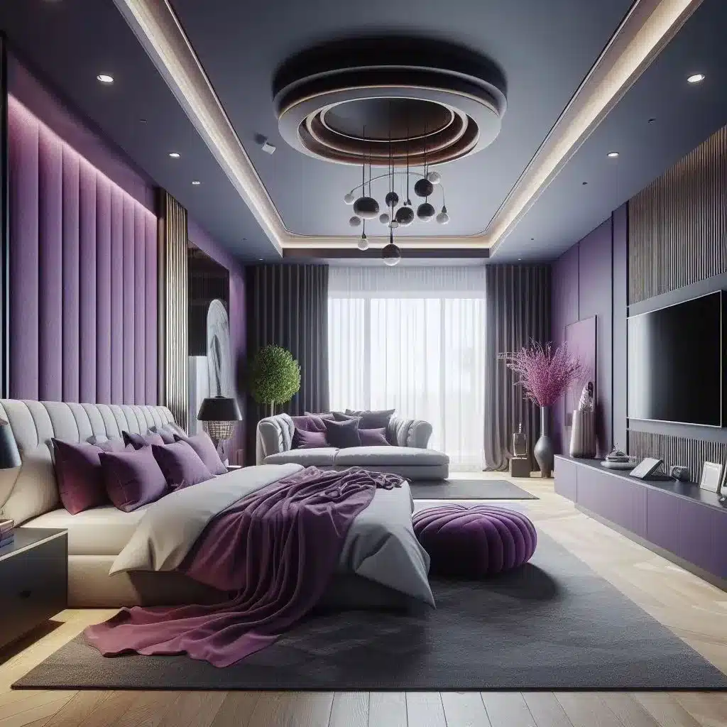 18. Modern Purple Suite With Statement Lighting - purple bedroom ideas