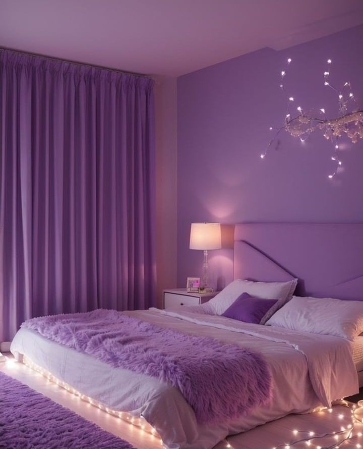 21. Dreamy Lavender Bedroom With Fairy Lights - purple bedroom ideas