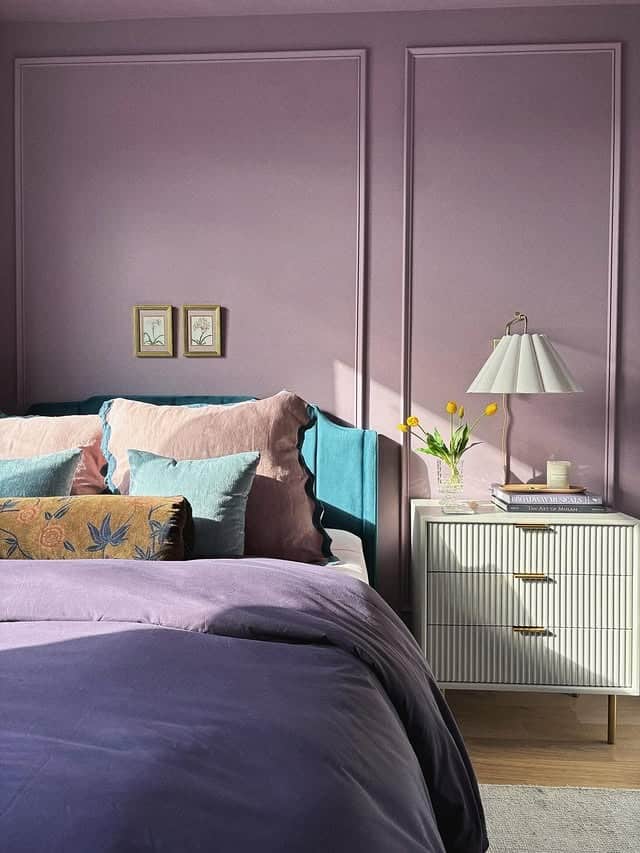 22. Dusty Purple Bedroom With Teal Velvet Accents - purple bedroom ideas