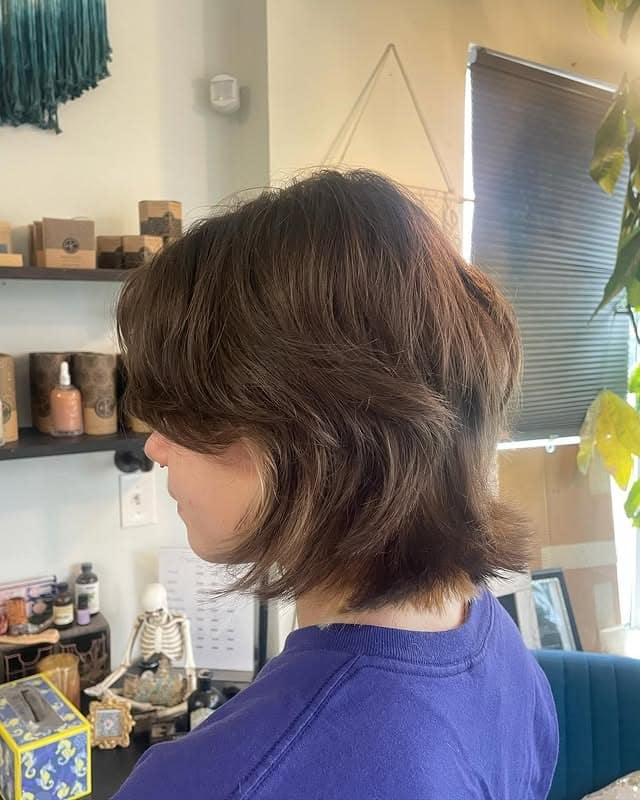 19. Short Feather Bob with Chestnut Brown Layers - Feather Haircuts For Women