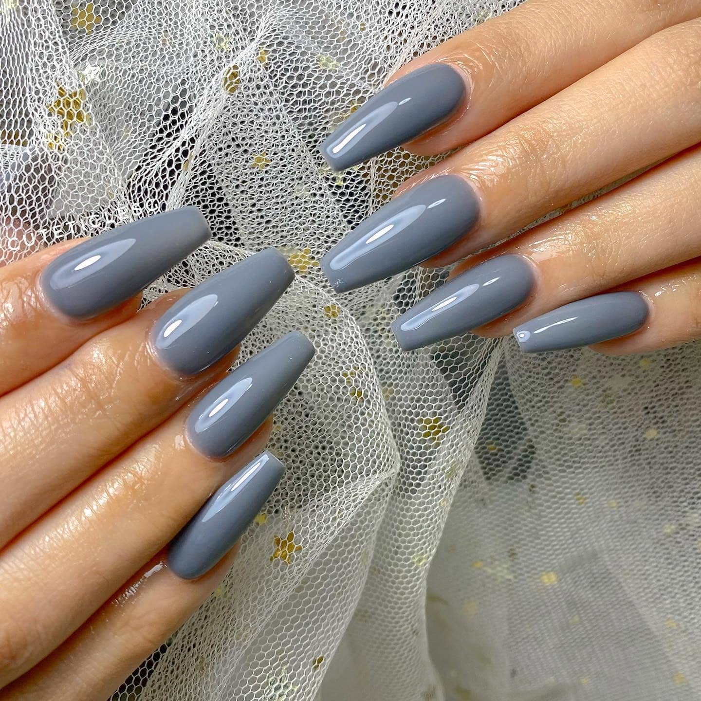 1. Glossy Slate Grey Coffin Nails - grey coffin nail ideas