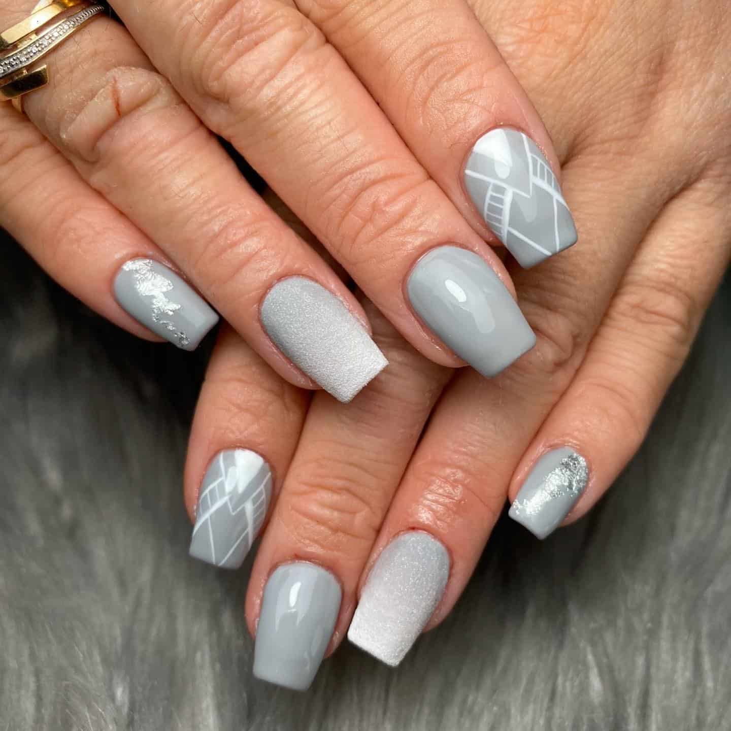3. Light Grey and Silver Accent Coffin Nails - grey coffin nail ideas