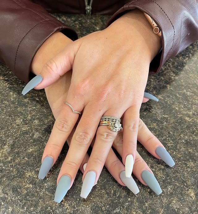 6. Grey and White Coffin Nail Mix - grey coffin nail ideas