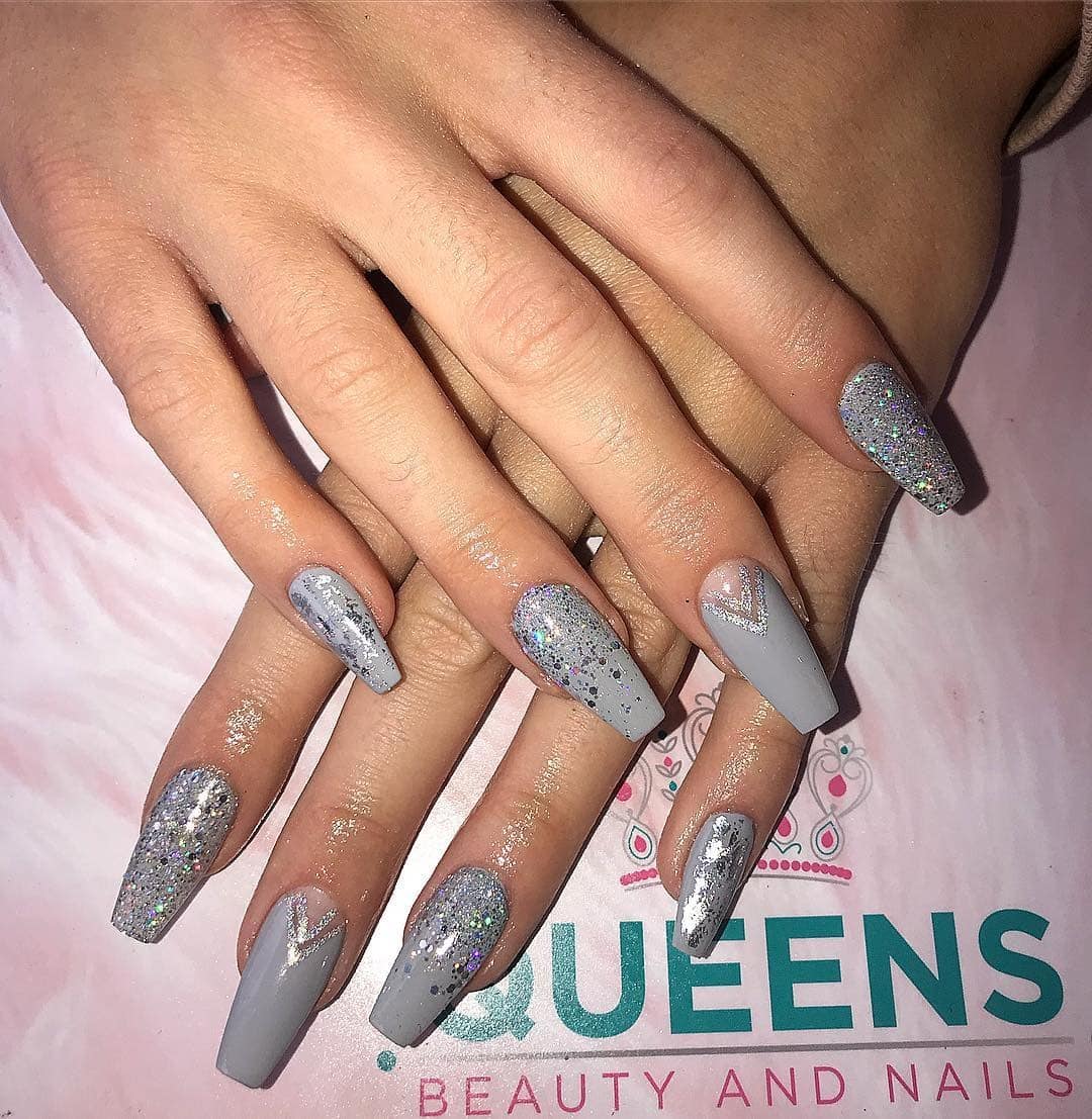 8. Grey Glitter Coffin Nail Design - grey coffin nail ideas