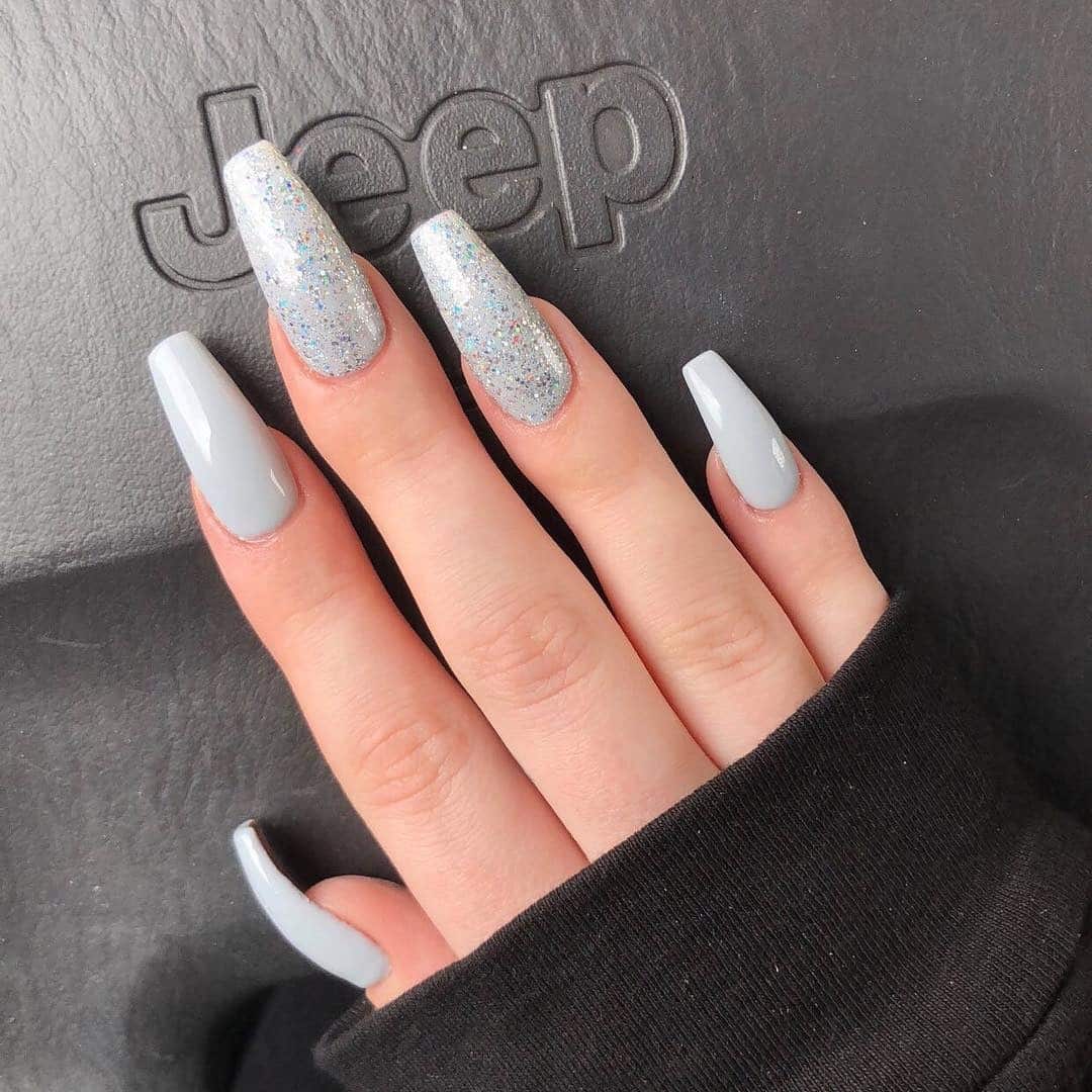 9. Light Grey Glitter Coffin Nails - grey coffin nail ideas