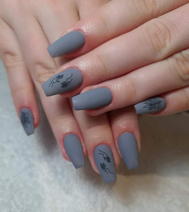 11. Matte Grey Coffin Nails with Botanical Art - grey coffin nail ideas
