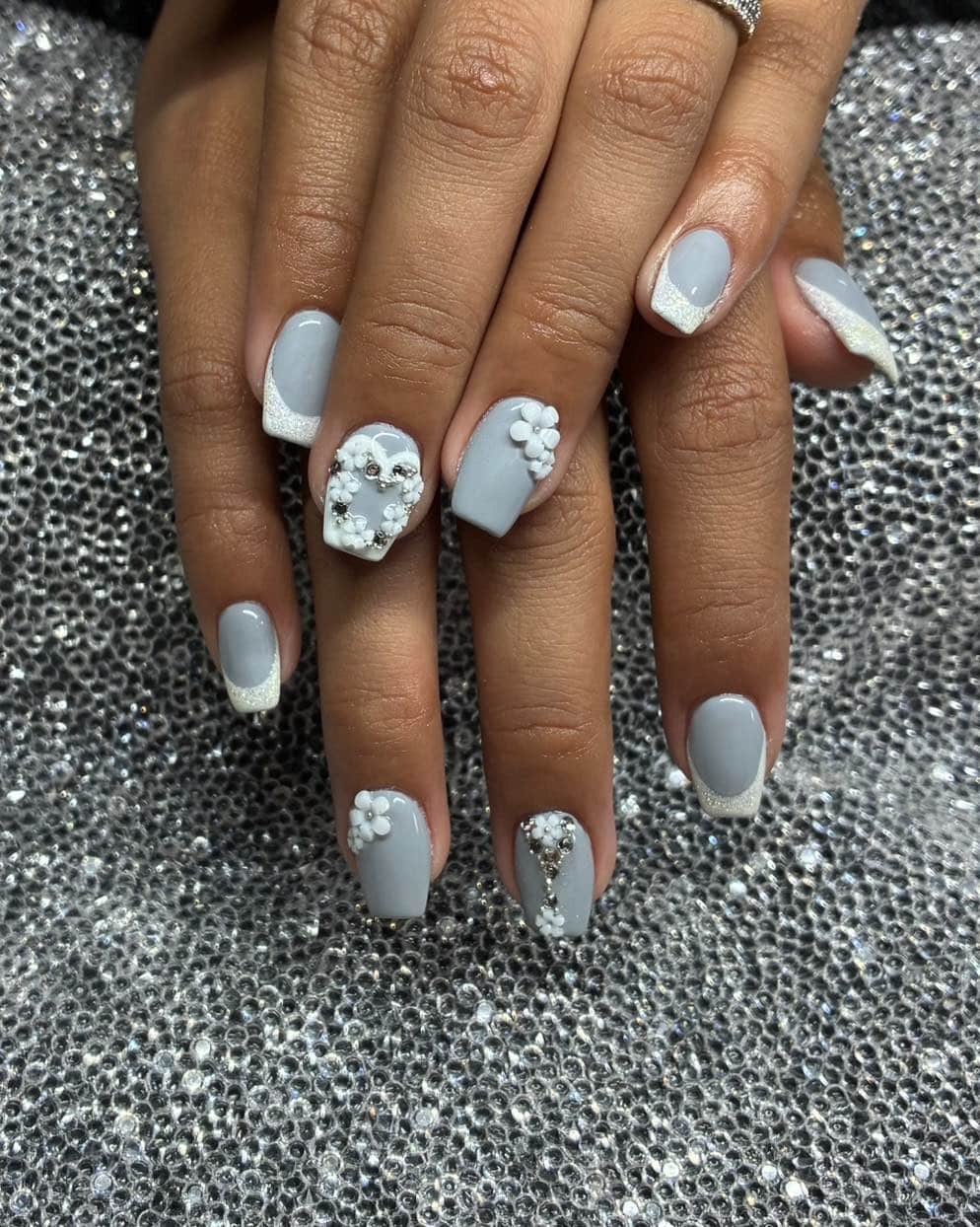13. Light Grey Coffin Nails with 3D Floral Accents - grey coffin nail ideas