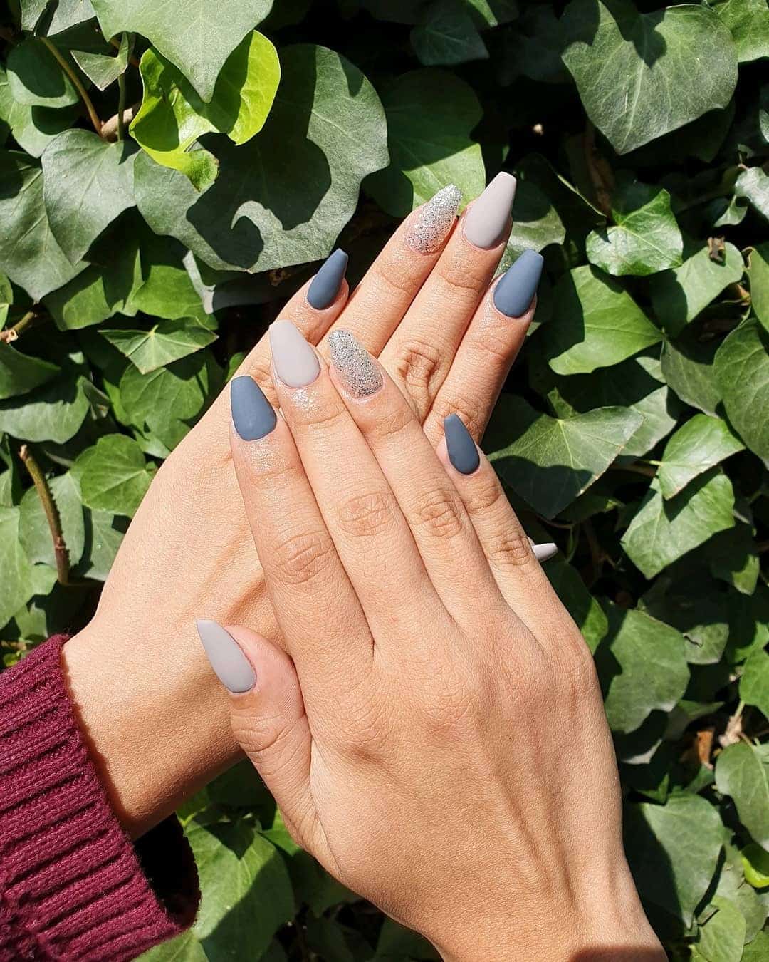 16. Matte Grey and Silver Accent Coffin Nails - grey coffin nail ideas