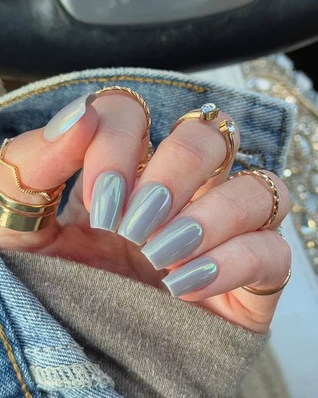 17. Iridescent Pearl Grey Coffin Nails - grey coffin nail ideas