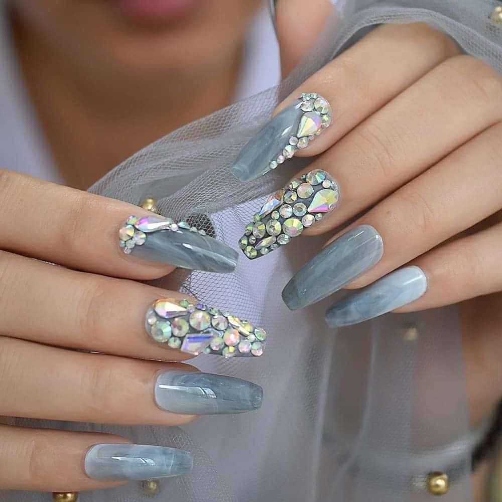 18. Grey Marble Coffin Nails with Rhinestones - grey coffin nail ideas
