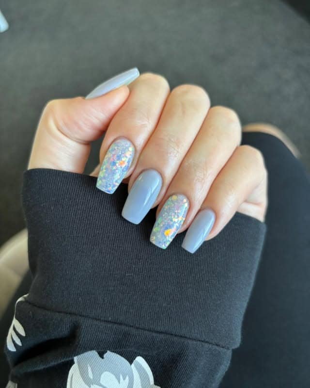 21. Baby Blue Grey Coffin Nails with Iridescent Glitter - grey coffin nail ideas