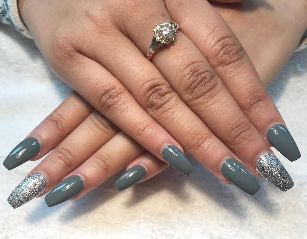 22. Glossy Olive Grey Coffin Nails with Silver Glitter - grey coffin nail ideas