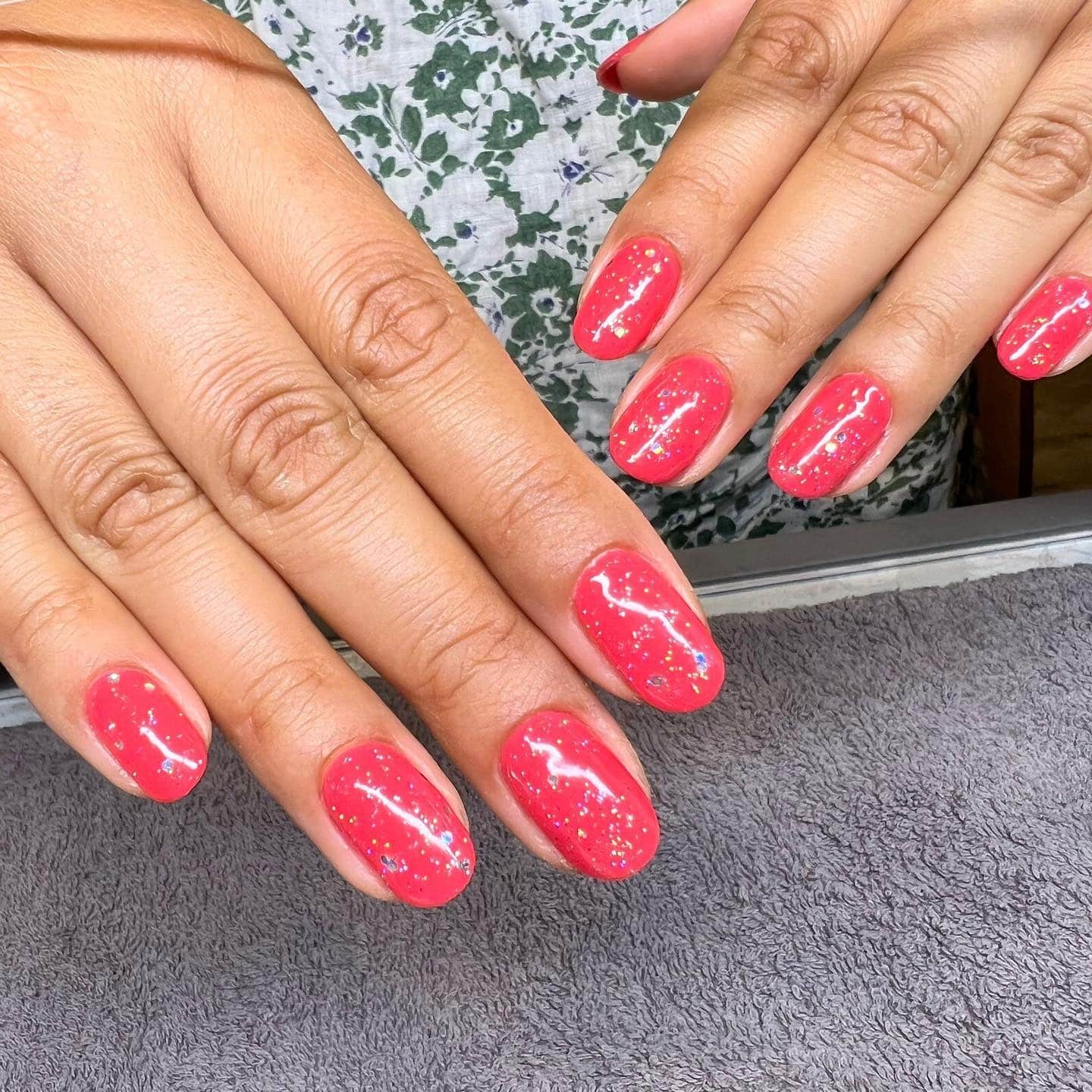 1. Neon Pink Glitter Gloss Nails - glitter sparkle nail ideas