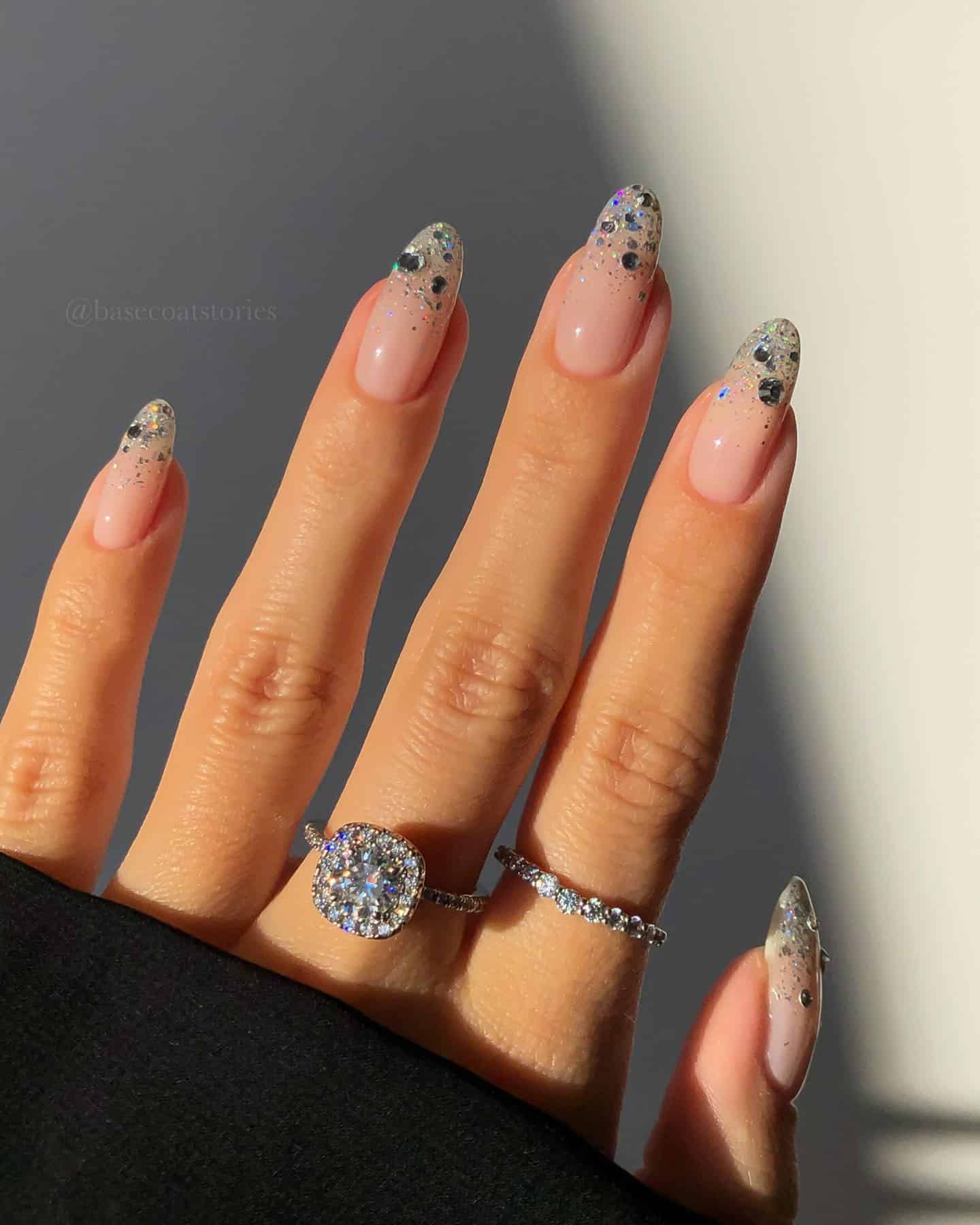 4. Nude Nails with Chunky Silver Glitter Tips - glitter sparkle nail ideas