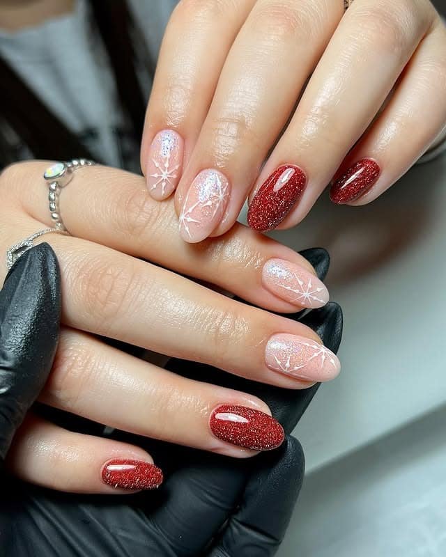 6. Red Glitter Snowflake Nails - glitter sparkle nail ideas