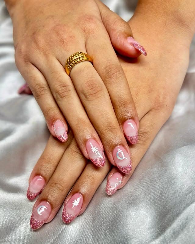 9. Pink Glitter French Fade Nails - glitter sparkle nail ideas