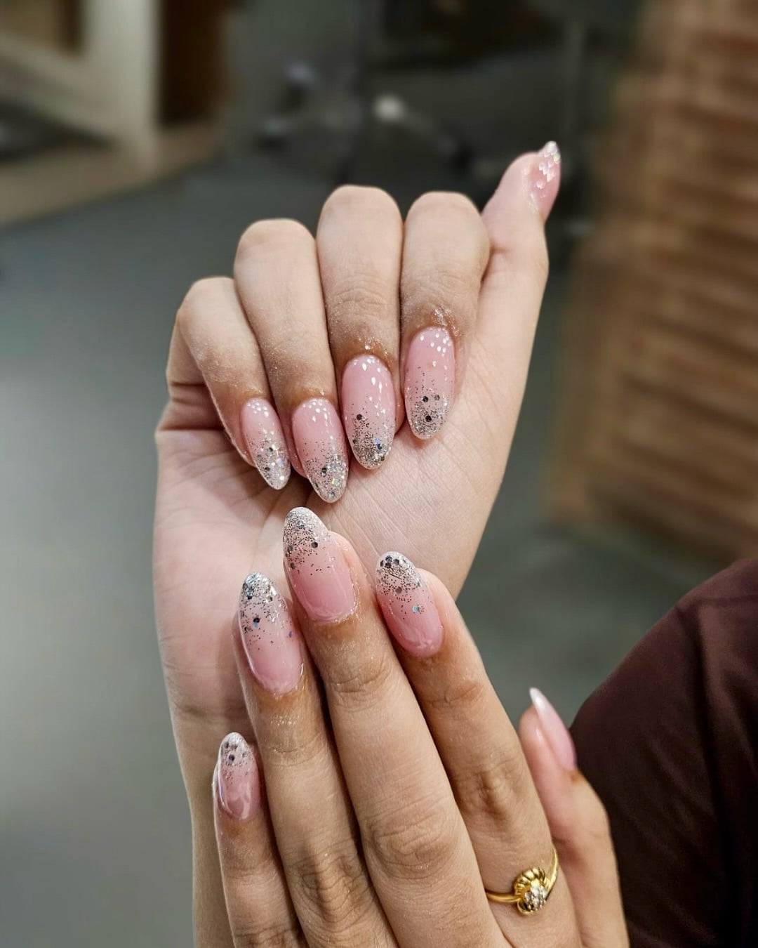 11. Blush Pink Glitter Fade Almond Nails - glitter sparkle nail ideas