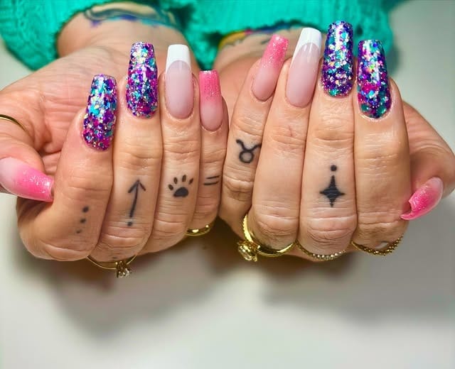 21. Rainbow Chunky Glitter Coffin Nails - glitter sparkle nail ideas