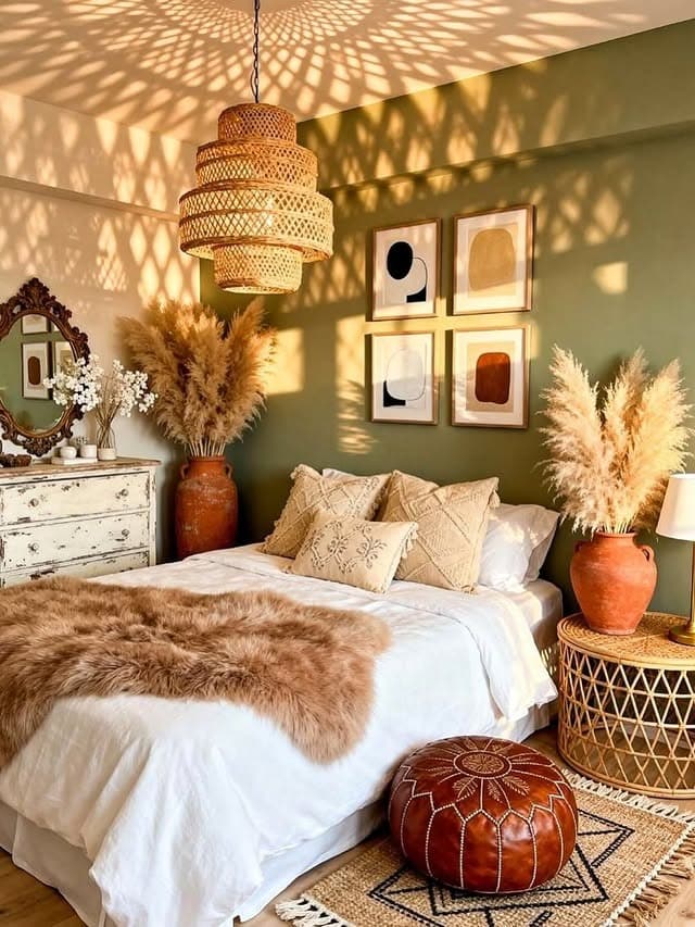 9. Earthy Boho Bedroom with Olive Green Walls - bedroom ideas