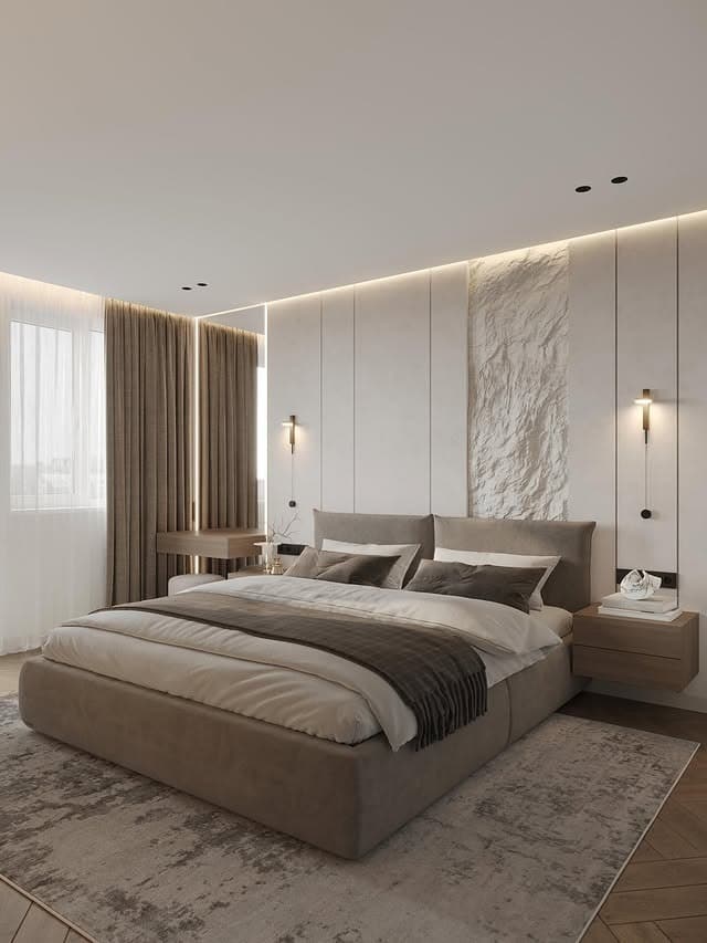 14. Modern Taupe Bedroom with Textured Wall Panels - bedroom ideas
