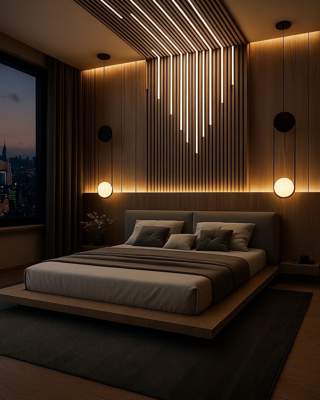 17. Moody Wood Slat Bedroom with Pendant Lighting - bedroom ideas