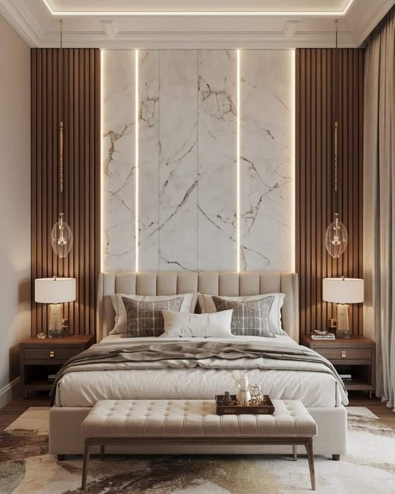 20. Marble Feature Wall Luxury Bedroom Design - bedroom ideas