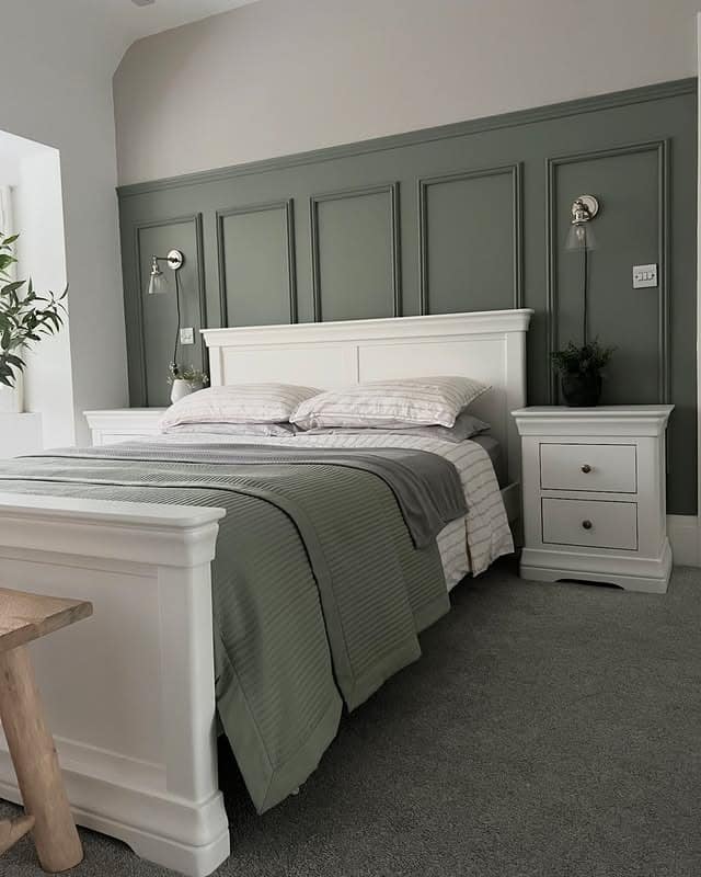 21. Sage Green Paneled Bedroom Design - bedroom ideas