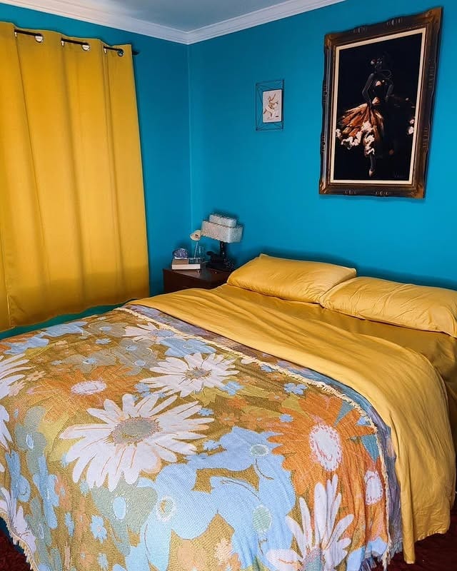 9. Turquoise and Mustard Retro Bedroom - retro bedroom ideas