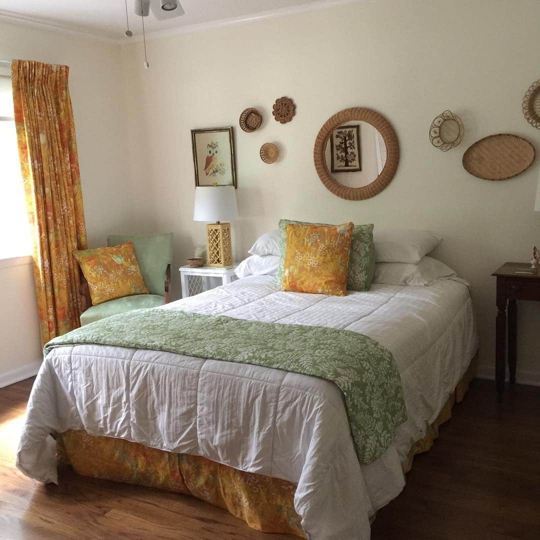 10. Sage Green and Mustard Vintage Bedroom - retro bedroom ideas