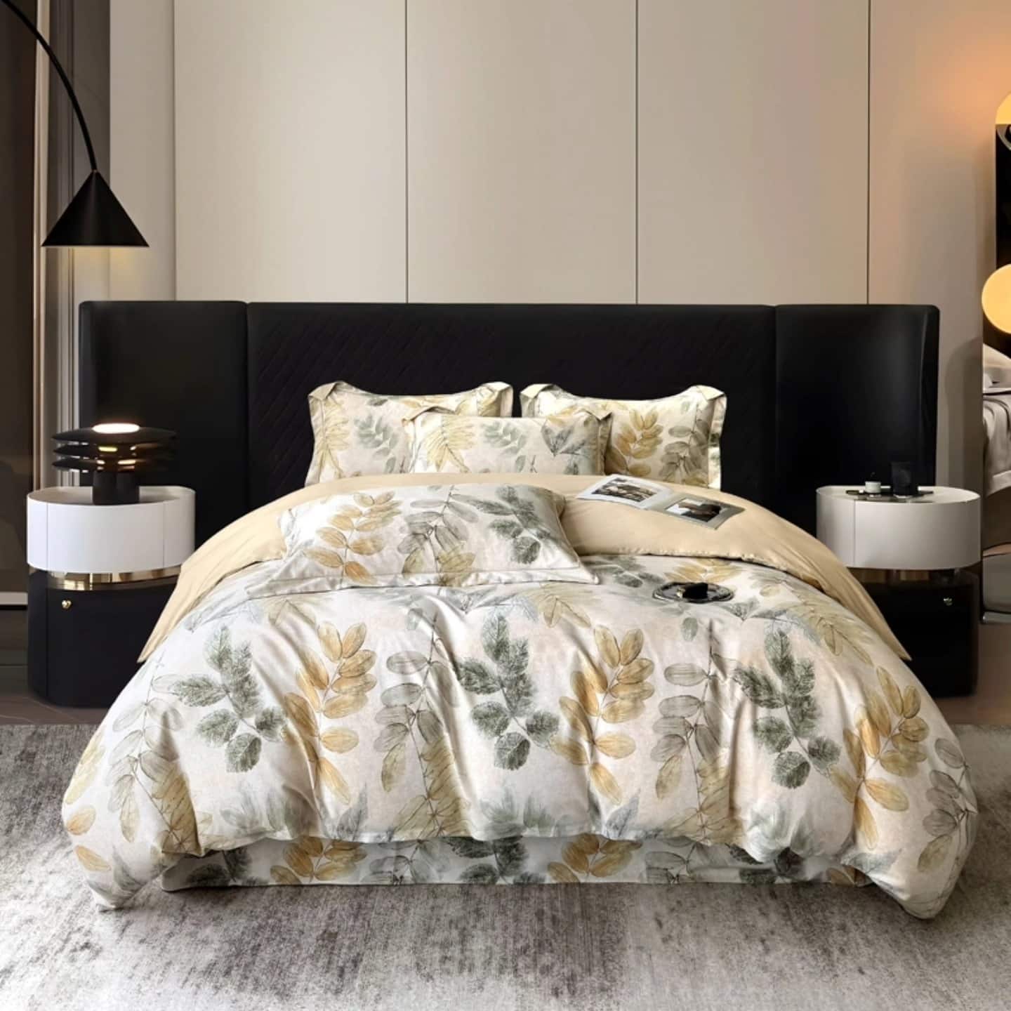 11. Botanical Beige and Black Bedroom Design - retro bedroom ideas